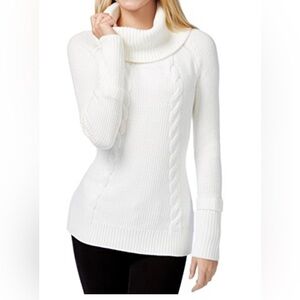 Calvin Klein Cowl Neck Cable Knit Sweater in Soft White